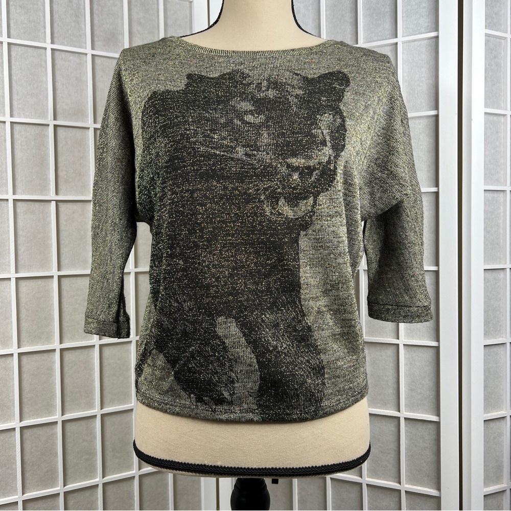 ZARA Metallic Gold Panther Graphic Knit Dolman Sleeve Top – Size Small